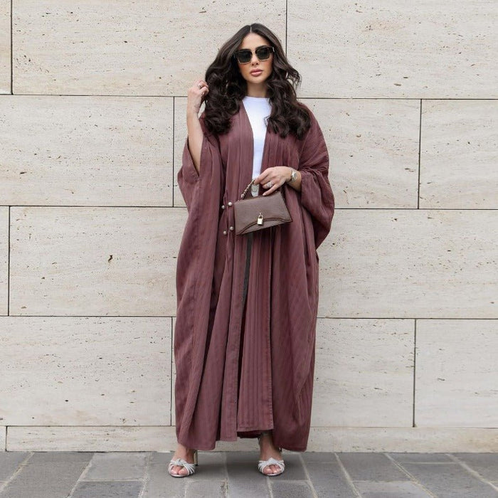 V-Neck Abaya Cardigan Robe | Bat Sleeve Kimono Cover-Up With Pearl Buttons (MOA226)