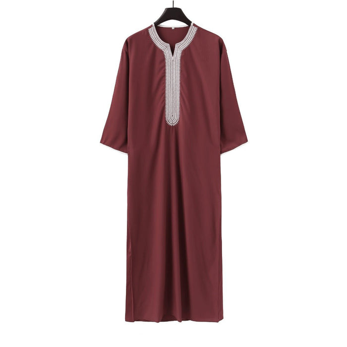 V-Neck Geometric Stitching Embroidered Medium Short Sleeve Muslim Robe Thobe (MT030)