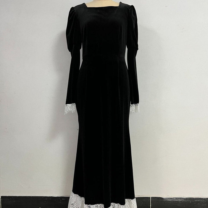 Velvet Gown with Lace Trim(MS238)