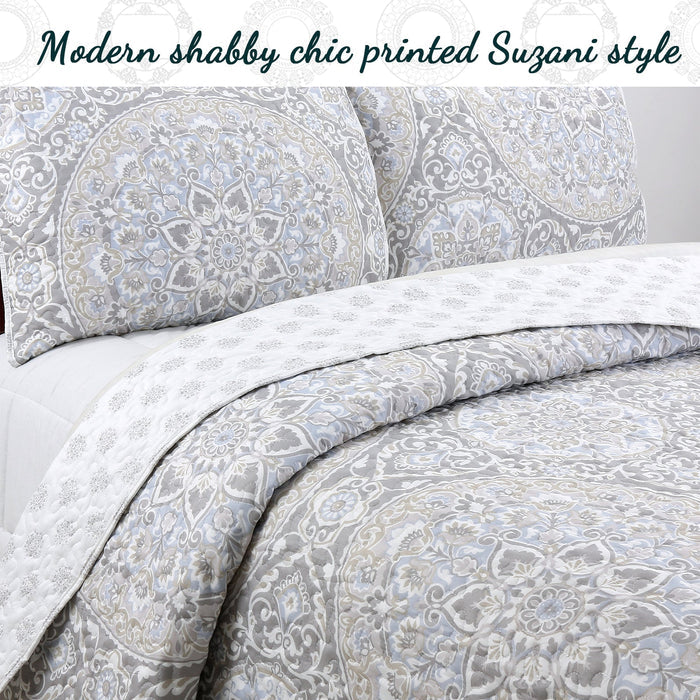 Venetia Gray Medallion 3-Piece Reversible Quilt Bedding Set