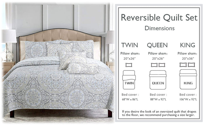 Venetia Gray Medallion 3-Piece Reversible Quilt Bedding Set