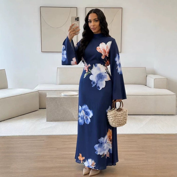 Watercolour Floral Washed-Crinkle Wide-Sleeve Maxi Dress(MS473)