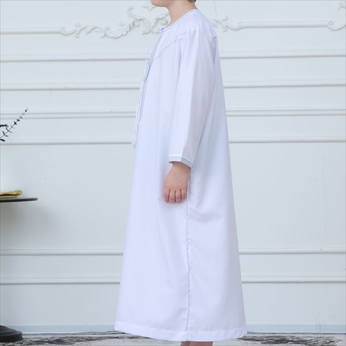 White Kaftan Thobe with Contrast Stitching(MKB025)