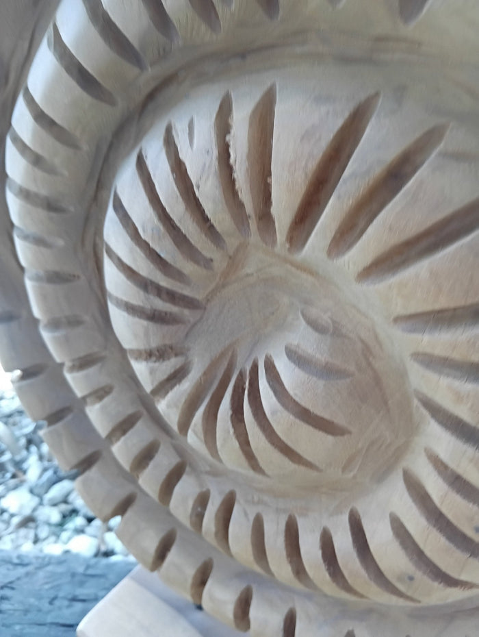 Wooden Ammonite Fossil Teak Sculpture – Coastal Carved Spiral Décor on Stand