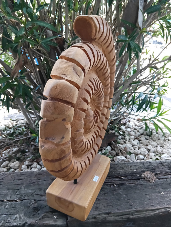 Wooden Ammonite Fossil Teak Sculpture – Coastal Carved Spiral Décor on Stand