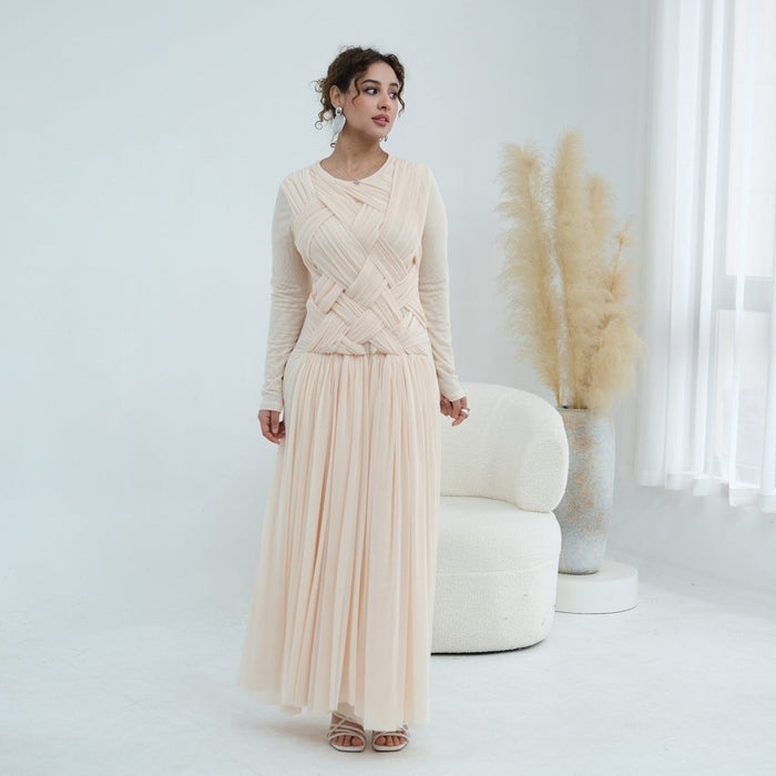Woven Cross-Strap Bodice Mesh Maxi Dress(MS454)